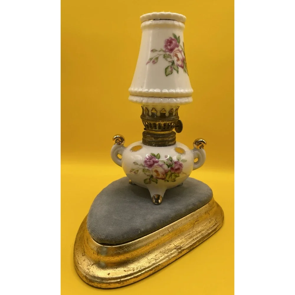 Vintage Porcelain Mini Oil Lamp Rose Floral Shade Gold Trim Made In Japan